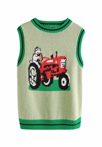 Ärmelloser Strickpullover mit grünem Hintergrund und einem roten Traktor sowie einem Hühnergrafik. Schwarzer und grüner gestreifter Rippkragen und Saum.