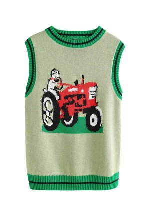 Ärmelloser Strickpullover mit grünem Hintergrund und einem roten Traktor sowie einem Hühnergrafik. Schwarzer und grüner gestreifter Rippkragen und Saum.