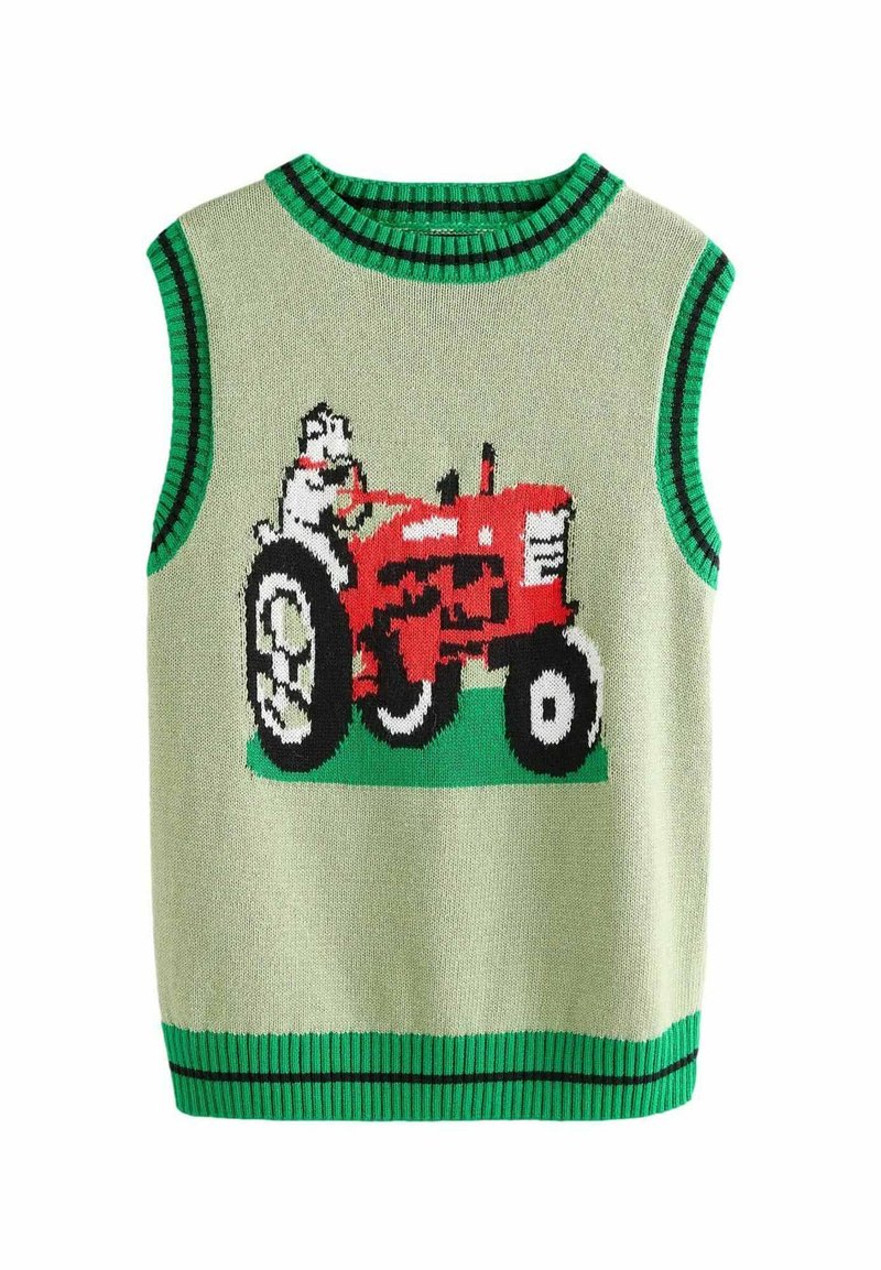 Ärmelloser Strickpullover mit grünem Hintergrund und einem roten Traktor sowie einem Hühnergrafik. Schwarzer und grüner gestreifter Rippkragen und Saum.