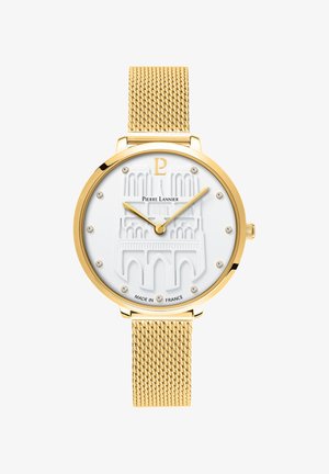 Zlata mrežasta zapestnica s številčnico v teksturi bele barve, ki vsebuje vklesano arhitekturno zasnovo in dvanajst majhnih kristalov kot oznake ur.