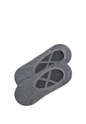 Par de calcetines gris sin mostrar con bandas elásticas cruzadas en la parte superior, diseñados para un ajuste ceñido y baja visibilidad dentro de los zapatos.