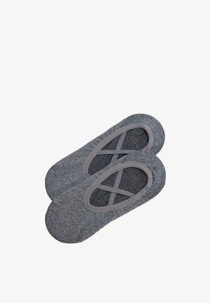 Par de calcetines gris sin mostrar con bandas elásticas cruzadas en la parte superior, diseñados para un ajuste ceñido y baja visibilidad dentro de los zapatos.