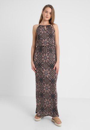 Maxikleid aus gemustertem Stoff mit Halterneck, hoher Taille und floralem Design in Schwarz, Pink und Cremefarben.