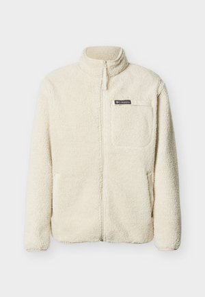 Cream fleece jacket with high collar, full zipper, and a chest pocket. Features a soft texture and side pockets for added functionality.