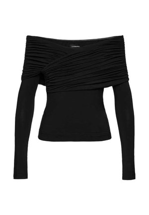 Czarna bluzka z długim rękawem i odkrytymi ramionami, z marszczonym materiałem przechodzącym przez klatkę piersiową, dopasowaną talią i metką "LA MANIA" wewnątrz kołnierza.