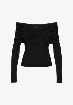 Czarna bluzka z długim rękawem i odkrytymi ramionami, z marszczonym materiałem przechodzącym przez klatkę piersiową, dopasowaną talią i metką "LA MANIA" wewnątrz kołnierza.