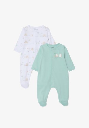 Deux grenouillères pour bébé : une blanche avec des motifs d'animaux, l'autre vert menthe avec un dessin animé. Les deux ont des manches longues et des pieds intégrés.