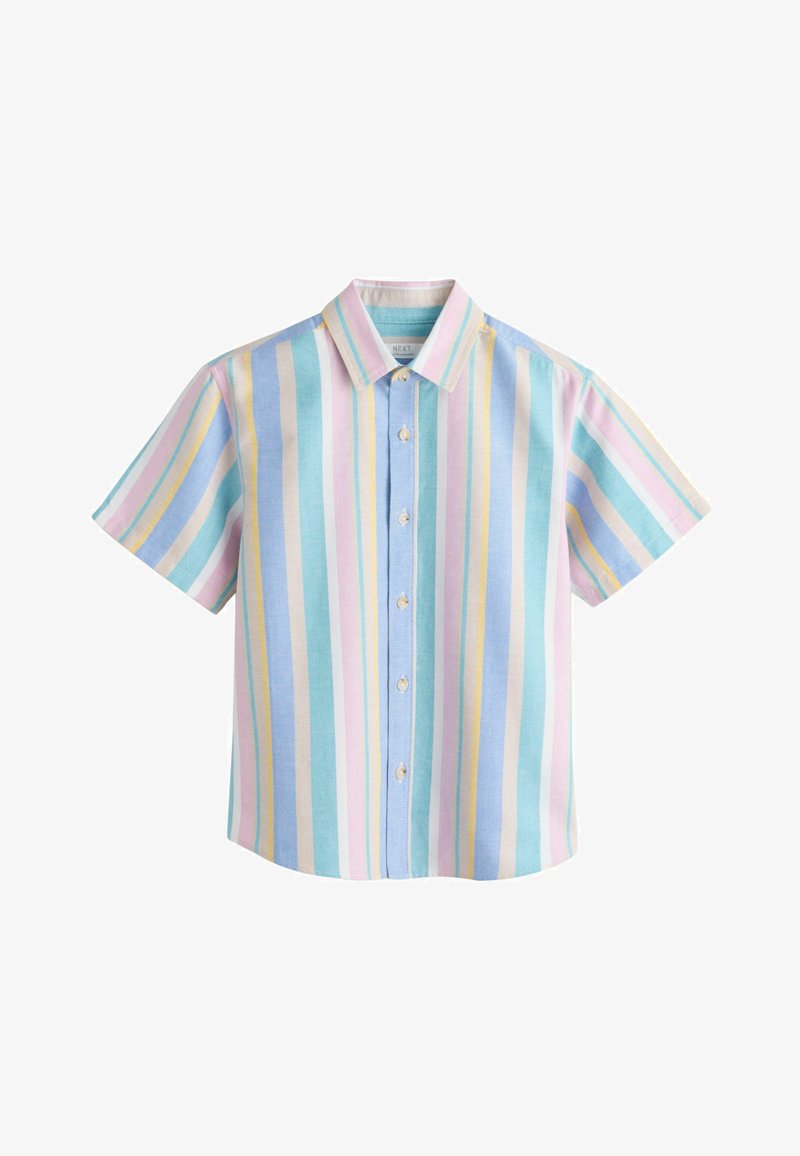 Short-sleeve button-up shirt with vertical pastel stripes in blue, pink, yellow, and white on a plain background.