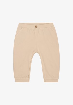 Pantalons en coton beige avec une fermeture à bouton, des poignets élastiqués, deux poches avant et une texture lisse et douce.