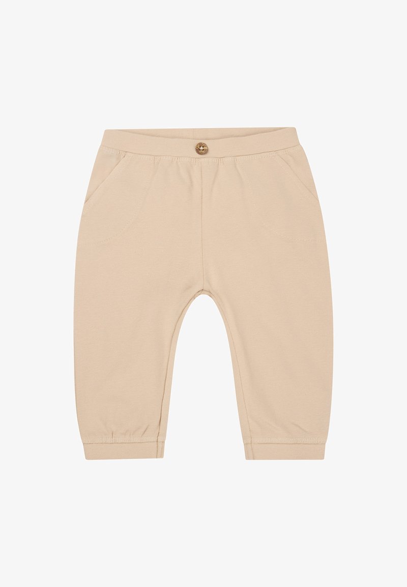 Beige Baumwollhosen mit Knopfverschluss, elastischen Bündchen, zwei Vorderstaschen und einer glatten, weichen Textur.