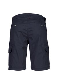 Pantaloni cargo blu navy in cotone. Caratteristiche includono due tasche laterali, due tasche posteriori e una chiusura con bottone.