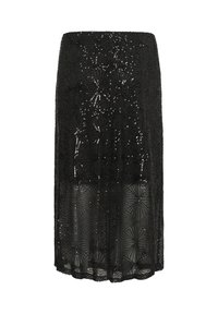 Falda midi negra con intrincado patrón de cuentas y lentejuelas, tela transparente, cintura ajustada y una textura ligera.