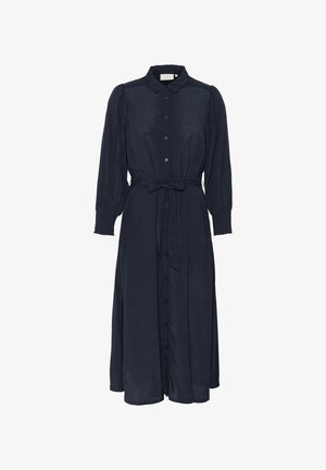 Robe bleu marine à manches longues avec un col, fermeture à boutons sur le devant et une ceinture nouée à la taille. Tissu lisse avec des manches légèrement froncées.
