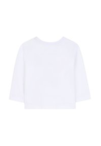 Maglietta bianca a maniche lunghe con scollatura tonda, realizzata in morbido tessuto di cotone. Presenta un design semplice senza fantasie o decorazioni.
