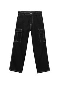 Zwarte cargobroek met wijde pijpen, witte stiksels, zijzakken en een stevige tailleband. Glad katoen met een duurzame textuur.