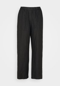 Zwarte linnen broek met een wijde pijp, elastische tailleband en twee voorzakken. Nette textuur en minimalistisch design.