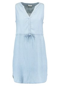 Abito senza maniche in chambray blu chiaro con scollatura a V e cintura regolabile in vita.