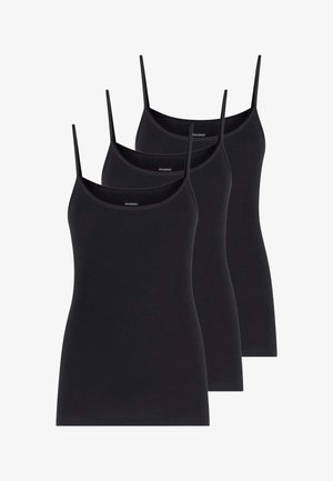 Tre top neri senza maniche con spalline sottili, disposti sovrapposti in fila su uno sfondo bianco.