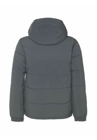 Veste grise matelassée avec capuche, présentant un design matelassé, des poignets élastiques et une texture lisse, avec des lignes de couture visibles à l'arrière.