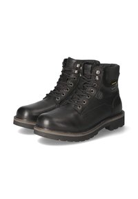 Bottines en cuir noir à la finition lisse, avec un design à lacets, des accessoires métalliques et une semelle extérieure en caoutchouc à bande de roulement texturée.