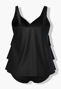 Tankini negro con tirantes ajustables, volantes en capas a los lados y una parte inferior ajustada. Hecho de una tela lisa y elástica.