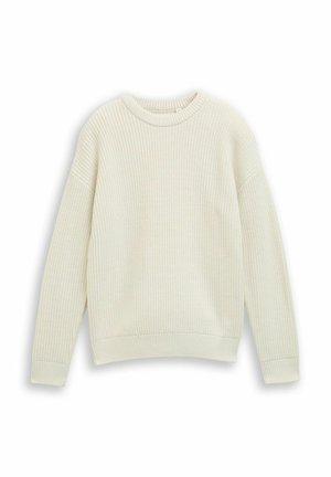 Geribbeld crèmekleurig sweater met ronde hals, verlaagde schouders en aansluitende manchetten. Zachte textuur en een relaxte pasvorm.