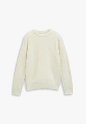 Rippiger, cremefarbener Pullover mit Rundhalsausschnitt, überschnittenen Schultern und engen Bündchen. Weiche Textur und lässige Passform.