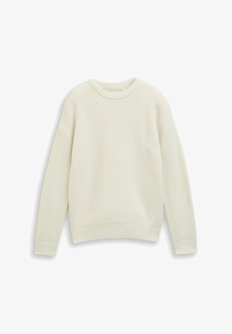 Pull en crème côtelé avec un col rond, des épaules tombantes et des poignets ajustés. Texture douce et coupe décontractée.