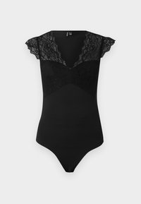 Black bodysuit with lace cap sleeves and a lace panel on the bodice. Smooth material in a fitted design with a V-neckline and a thong back.