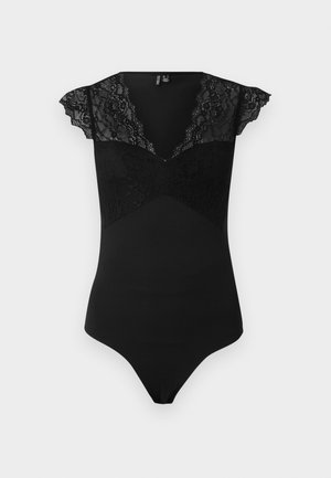 Black bodysuit with lace cap sleeves and a lace panel on the bodice. Smooth material in a fitted design with a V-neckline and a thong back.