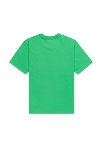 Krátky rukáv zelené tričko vyrobené z bavlny, so zaobleným výstrihom a hladkým, jednoliatym uhladeným povrchom bez vzorov alebo designov.