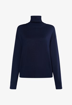 Sötétkék garbós pulóver puha, rugalmas kötött anyagból, hosszú ujjakkal és laza szabással, bordázott mandzsettákkal és aljjal.