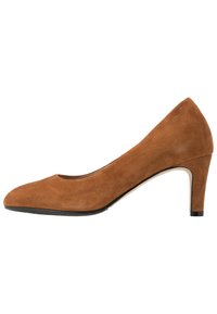 Escarpin en suède marron à talon haut avec un bout pointu et une ouverture légèrement arrondie, doté d'une semelle en caoutchouc noire et d'une hauteur de talon moyenne.