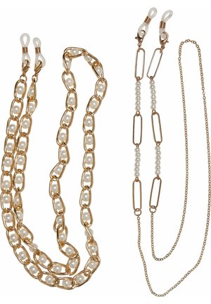 Gold chain accessories featuring alternating links with white pearls, including two distinct designs and varying chain lengths.