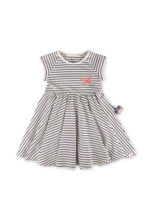 Kurzärmeliges, knielanges Kleid mit schwarzen und weißen Streifen, rosa Krebs-Grafik auf der Brust und Schmetterlingsanhänger an der Seite.