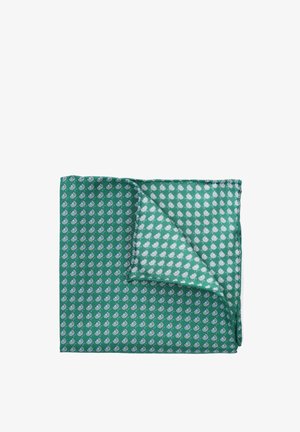 Zielony poszetka w wzory wykonana z lekkiego materiału, z małymi niebieskimi i białymi okrągłymi wzorami z jednej strony, gładka w dotyku.