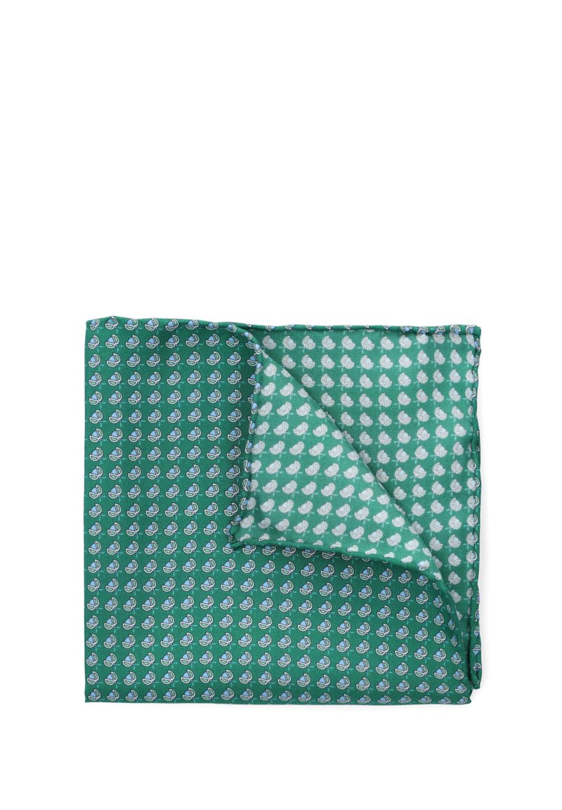 Zielony poszetka w wzory wykonana z lekkiego materiału, z małymi niebieskimi i białymi okrągłymi wzorami z jednej strony, gładka w dotyku.