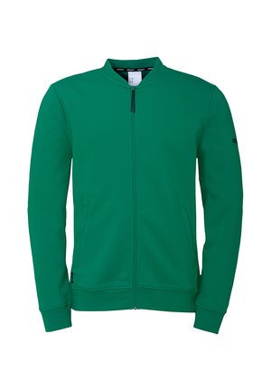 Grøn zip-up sweatshirt med rund hals, to forlommer, lange ærmer og ribbede manchetter. Lavet af blødt stof med en glat tekstur.