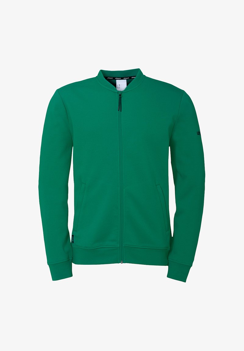 Grøn zip-up sweatshirt med rund hals, to forlommer, lange ærmer og ribbede manchetter. Lavet af blødt stof med en glat tekstur.