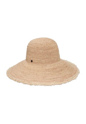 Wide-brimmed beige woven sun hat with a frayed edge and a small dark bead detail on the side.