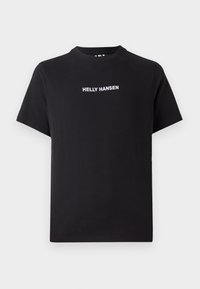 Black short-sleeve t-shirt with white "HELLY HANSEN" logo centered on chest, crew neckline, plain background.