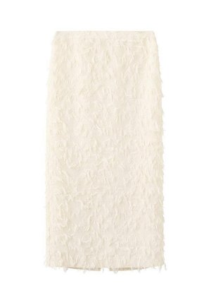 Gonna a tubino color avorio, lunghezza al ginocchio, con dettagli in tessuto testurizzato che ricordano piume su tutta la superficie.