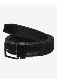 Ceinture tressée noire avec un design en tissu texturé, dotée d'un embout en cuir noir et d'une boucle en métal, offrant un ajustement flexible.