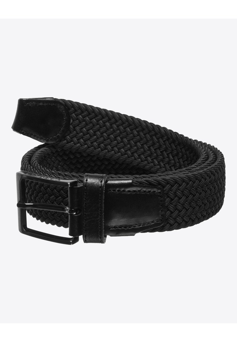 Ceinture tressée noire avec un design en tissu texturé, dotée d'un embout en cuir noir et d'une boucle en métal, offrant un ajustement flexible.