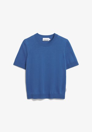 Korte mouwen, ronde hals trui in levendig blauw, gemaakt van zachte gebreide stof. Beschikt over geribde manchetten en onderrand, met een merklabel aan de zijnaad.