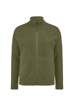 Olivgrüne Fleecejacke mit durchgehendem Reißverschluss, langen Ärmeln und Stehkragen, von vorne auf weißem Hintergrund gezeigt.
