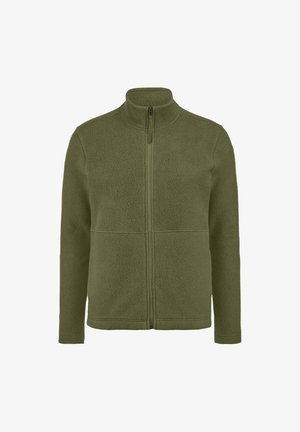 Olivgrüne Fleecejacke mit durchgehendem Reißverschluss, langen Ärmeln und Stehkragen, von vorne auf weißem Hintergrund gezeigt.