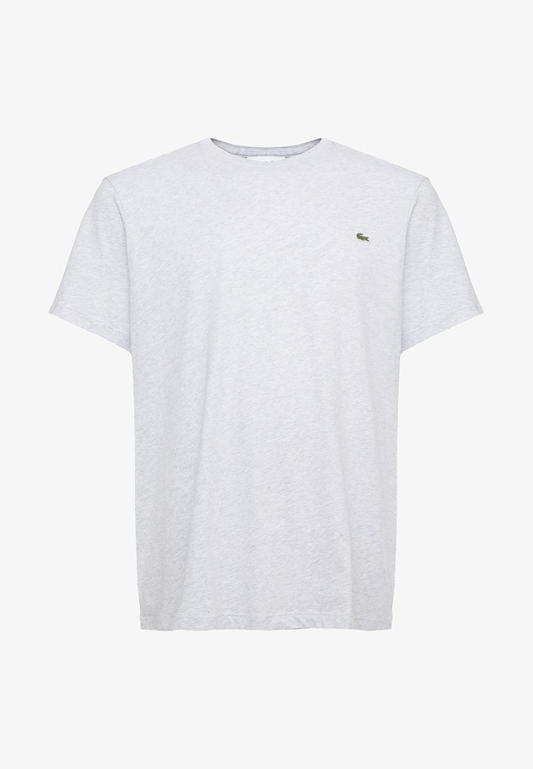 Gray short-sleeve t-shirt made of soft cotton. Features a small green Lacoste logo on the left chest area. Classic crew neck design.
