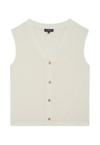 Krämfärgad ärmlös cardigan med V-ringning, med fem runda knappar fram och strukturerad stickad tyg.