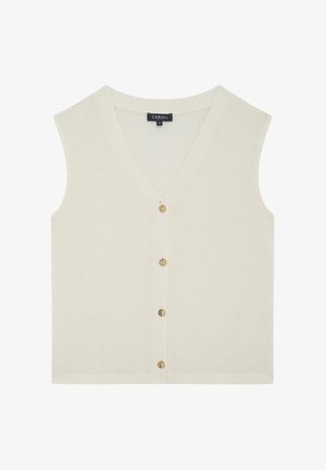 Cardigan sans manches de couleur crème avec un col en V, présentant cinq boutons ronds sur le devant et un tissu en tricot texturé.